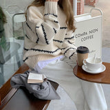 Kukombo Womens Winter Sweaters Striped Knitted Pullovers Black Beige Loose Fashion Casual Jumpers O-Neck Korean New Long Sleeve