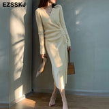 Christmas Gift pure color  2021 thick dress warm autumn winter maix sweater dress women bodycon v-neck Drawstring long dress female dress