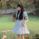 Kukombo 2022 Print Sweet Kawaii Mini Dress Women Japanese Vintage Cute Blue Lace-up Dress French Princess Sequin Puff Sleeve Fairy Dress