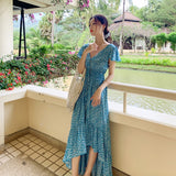 Kukombo Bella Philosophy Bohemian Printed Blue Backless Sexy Summer Floral Beach Vacation Dress Female V-neck Irregular Vestidos