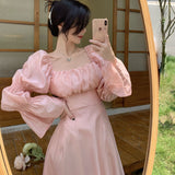 Kukombo Sweet Back Puff Sleeve Dress Women Autumn 2022 New Pink Bandage Dress Fashion Elegant Chiffon Long Dresses Female