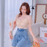 Kukombo 2022 Summer Floral Kawaii Top Women Print Short Sleeve Elegant Chic Korean Clothing Holiday French Retro Pretty Lace Tops Female