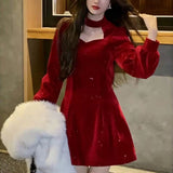 Kukombo Christmas Party Mini Dress Women French Solid Sequin Elegant Dress Female Korean Fashion Hollow-out Retro Dress Winter New