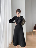 Kukombo Soft Elegant Women Knitted Dresses 2022 New V-Neck Korean Style High Waist Warm Lady Long Dresses Female Clothing