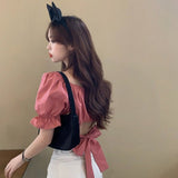 Kukombo Blouses Women Summer Puff-Sleeve Crop-Top Backless Sexy Club Pleated Solid Elegant Sweet Girls Bow Lace-Up Korean Style Blusas