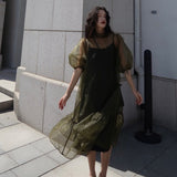 Kukombo  Vintage High Street Midi Dress Women Loose Puff Sleeve Fairy Korean Party Dress Female Streetwear Casual Y2k Dress 2022 Summer