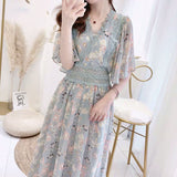 Kukombo  JuneLove New Spring Women V-neck Elegant Lace Print Dress Lady Long Sleeve Floral Dress Female High Waist French Retro Vestidos