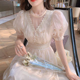 Kukombo Hstar Vintage Summer Elegant Women French Retro Lace V-Neck Princess Fairy Dress Puff Sleeve Party Dress 2022 Traf Платье Robe