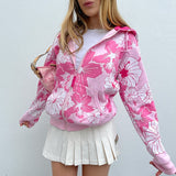 Kukombo Y2K Pink Floral Print Zip Hoodie Women Harajuku Oversize Hooded Sweatshirts Kawaii Jacket Sweet Coat Autumn Spring Top