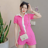 Kukombo Cute Sexy Summer Jumpsuits For Women One Piece Outfits Button Up Short Sleeve Bodycon Rompers Playsuits P85-DF24