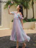 Kukombo Rainbow Vintage Fairy Dress Women 2022 Spring Sweet Ruffles Elegant Princess Midi Dress Chiffon Puff Sleeve Korean Party Dresses