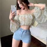 Kukombo Summer Floral Chiffon Shirt Women Fashion Vintage Puff Sleeve Blouse Woman New Cold Shoulder Cropped Tops Female