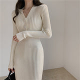 Kukombo Vintage Knitted Sweater Long Sleeve Dresses Women Slim Bodycon Korean Elegant Fall Winter Button V Neck Sweater Midi Woman Dress