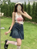 Kukombo Vintage Denim Mini Skirt Women High Waisted Pleated Casual Sweet Skirt Female Harajuku Japanese Korean Fashion Cute Skirt  2023