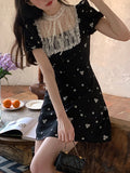 Kukombo  2022 Summer Black Floral Dress Women Casual Short Sleeve Vintage Mini Dress Evening Party Female Elegant One Piece Dress Korean