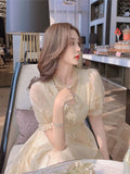 Kukombo Hstar Vintage Summer Elegant Women French Retro Lace V-Neck Princess Fairy Dress Puff Sleeve Party Dress 2022 Traf Платье Robe