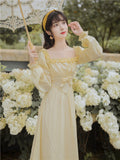 Kukombo Spring Clothing New French Fairy Dresses Women Ruffle Square Collar Elegant High Waist Beaded Bow Sweet Vintage Long Dress