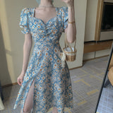 Kukombo Niggeey French Elegant Floral Chiffon Casual Dress Women Vintage Puff Sleeve Side Split Midi Dresses One Piece Dress Korean