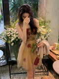 Kukombo Vintage Floral Strap Dress Women Sexy Backless Evening Party Fairy Dress Femme 2022 Spring High Street Korean Beach Casual Dress