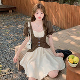 Kukombo 2022 Preppy Style Spring And Summer Sweet Design Fake Two-Piece Puff Sleeve Vest Dress Korean Style Casual Dress Fashion Dress