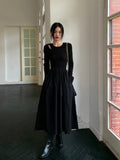 Kukombo Vintage Knitting Maxi Wedding Dresses for Women Clothing O Neck Office Lady Casual Pockets Bodycon Midi Dress Winter Black