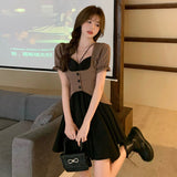 Kukombo 2022 Preppy Style Spring And Summer Sweet Design Fake Two-Piece Puff Sleeve Vest Dress Korean Style Casual Dress Fashion Dress