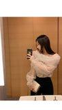 Kukombo Spring Summer New One-Word Neck Off-Shoulder Chiffon Shirt Design Mesh Long-Sleeved Sun Protection Shirt Korean Style Blouse