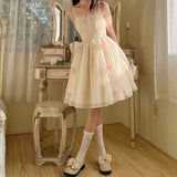 Kukombo Women's Summer French Sweet Fairy Dress Cute Lolita Bow Kawaii Sling Dress