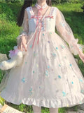 Kukombo Hstar Women Bow Japanese Lolita Sweet Dress Pink  Blue Op Harajuku Fairy Mesh Dress Alice In Wondeland Long Sleeves Vestidos