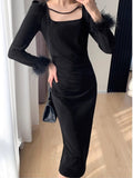 Kukombo Women Fashion Elegant Bodycon Slim Black Dress Long Feather Sleeve Vintage Solid Evening Party Club Vestidos Female Robe New