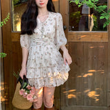 Kukombo  French Elegant Dress Women Boho Beach Style Floral Mini Dress Evening Party 2022 Summer Fairy Sweet One Piece Dress Korean Chic