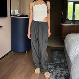 Kukombo Y2k Streetwear Drawstring Baggy Cargo Pants Women Elastic Low Waisted Wide Leg Pants Grey Casual Trousers P95-EE30