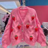 Thanksgiving Gift Strawberry Applique Cardigan Sweater Women's Wool Autumn And Winter Cute Sweet Puff Sleeve V-Neck Knitted Sweater Women 2022 New