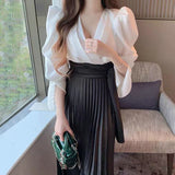 Kukombo  New Girl Japan Style Asymmetrical Lace-up Solid Casual Sweet Natural Factors Waist Pleated Midi Ankle-Length Skirt Women's XL