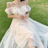 Kukombo Sweet Kawaii Fairy Princess Mesh Dress Elegant White Spaghetti Strap Off Shoulder Party Dresses Woman 2022 Vacation