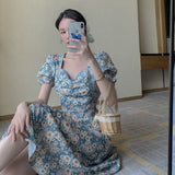 Kukombo Niggeey French Elegant Floral Chiffon Casual Dress Women Vintage Puff Sleeve Side Split Midi Dresses One Piece Dress Korean