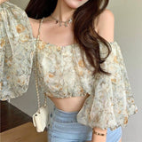 Kukombo Summer Floral Chiffon Shirt Women Fashion Vintage Puff Sleeve Blouse Woman New Cold Shoulder Cropped Tops Female