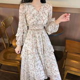 Kukombo Bella Philosophy Clothing Dresses Vestidos Print Korean Style Fashion New Long Sleeve Autumn Chiffon Pink Women