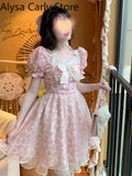 Kukombo 2022 Summer Pink Floral Fairy Dress Women Print Vintage Elegant Princess Party Mini Dress Puff Sleeve Casual Sweet Kawaii Dress K135