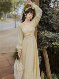 Kukombo Spring Clothing New French Fairy Dresses Women Ruffle Square Collar Elegant High Waist Beaded Bow Sweet Vintage Long Dress