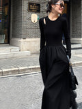 Kukombo Vintage Knitting Maxi Wedding Dresses for Women Clothing O Neck Office Lady Casual Pockets Bodycon Midi Dress Winter Black