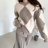 Kukombo Argyle Sweater Patchwork Pullovers 2022 Spring Women Clothing Vintage Knitted Fashion O-Neck Black Casual Long Sleeve