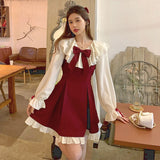 Kukombo  Winter Christmas Lolita Dress Women Patchwork Sweet Party Mini Dress Female Korean Fashion Designer Bow Kawaii Dress 2022 New