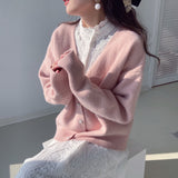 Kukombo Cardigan Women Sweater Korean Fashion Blue V-Neck Knitted Lady Clothes Solid Casual Pink Warm Loose Coat 2022 Spring