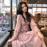 Kukombo Bella Philosophy Clothing Dresses Vestidos Print Korean Style Fashion New Long Sleeve Autumn Chiffon Pink Women