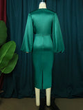 Kukombo Zjkrl Long Sleeve Green Dresses Bodycon Elastic Satin Smocked Midi Dress Elegant Big Size Shiny Evening Christmas Party Church Outfits