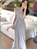 Kukombo Midi Dress For Women 2023 Summer New Elegant Vestidos Office Lady Fashion Evening Party Satin Slim Dresses Female Korean Clothes