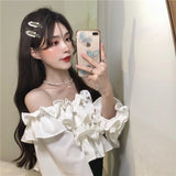 Kukombo French Ruffled White Shirts Women Fashion Slash Neck Long Sleeve Blouse Woman New Chiffon Cropped Tops Design Spring Summer