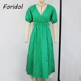 Graduation Gift Big Sale V Neck Waist Cut Out Elastic Cotton Green Dress Lantern Sleeve Backless Maxi Summer Dress Elegant Ladies Long Sundress