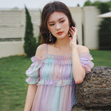 Kukombo Rainbow Vintage Fairy Dress Women 2022 Spring Sweet Ruffles Elegant Princess Midi Dress Chiffon Puff Sleeve Korean Party Dresses